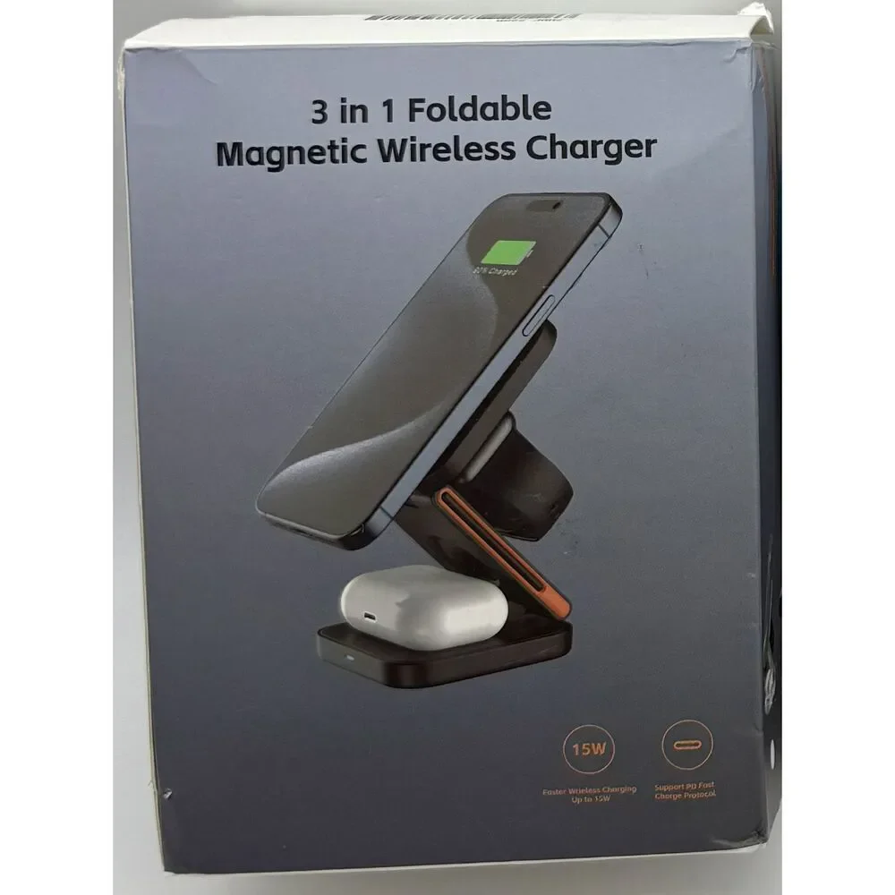 Foldable 3-in-1 Magnetic Wireless Charging Station‎ Black With Carrying Case